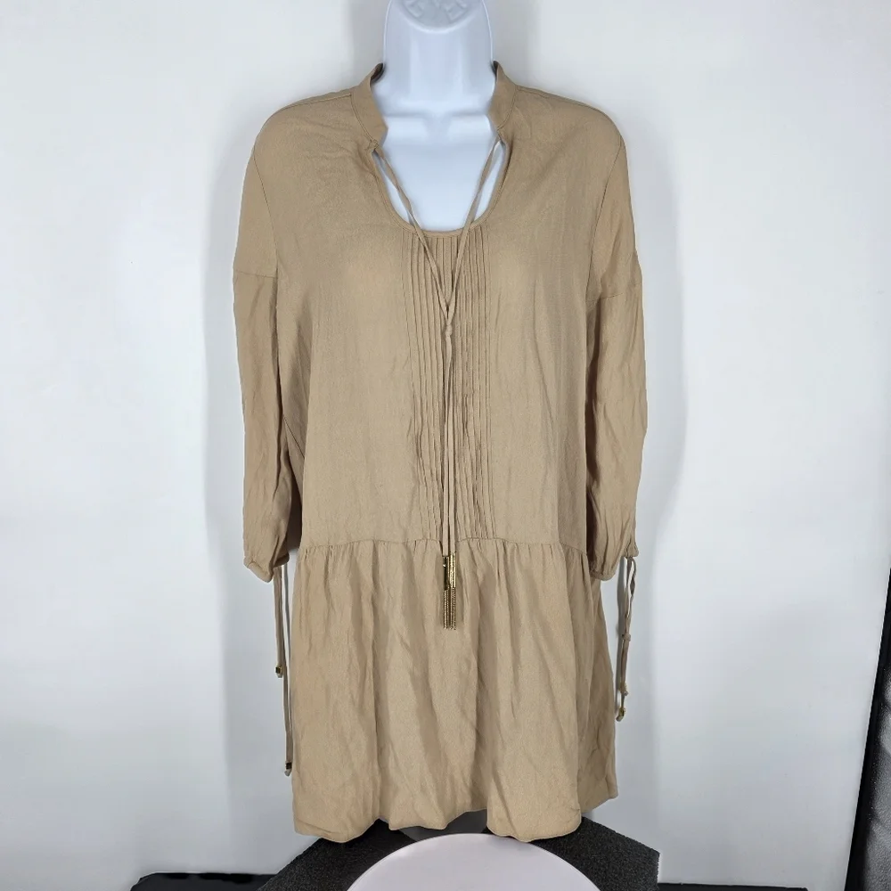 Michael Kors Women 6 Light brown Beige Drop Waist Dress Tassel Shift Pintuck